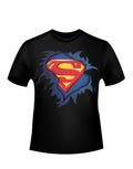 Superman torn logo graphic on a black adult t-shirt.