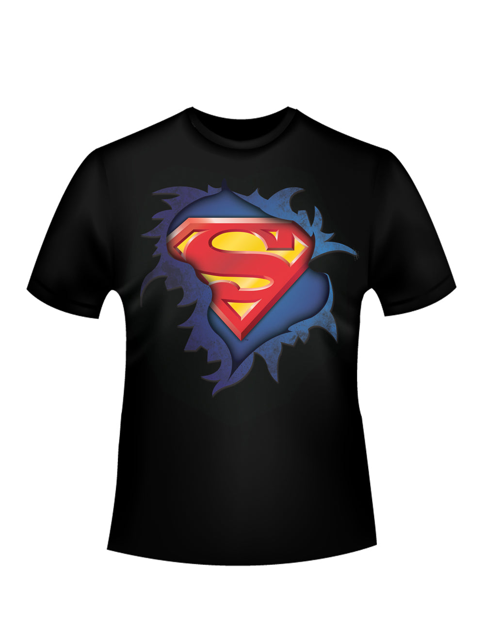 Superman torn logo graphic on a black adult t-shirt.