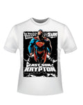 Superman comic poster graphic on a white adult t-shirt.