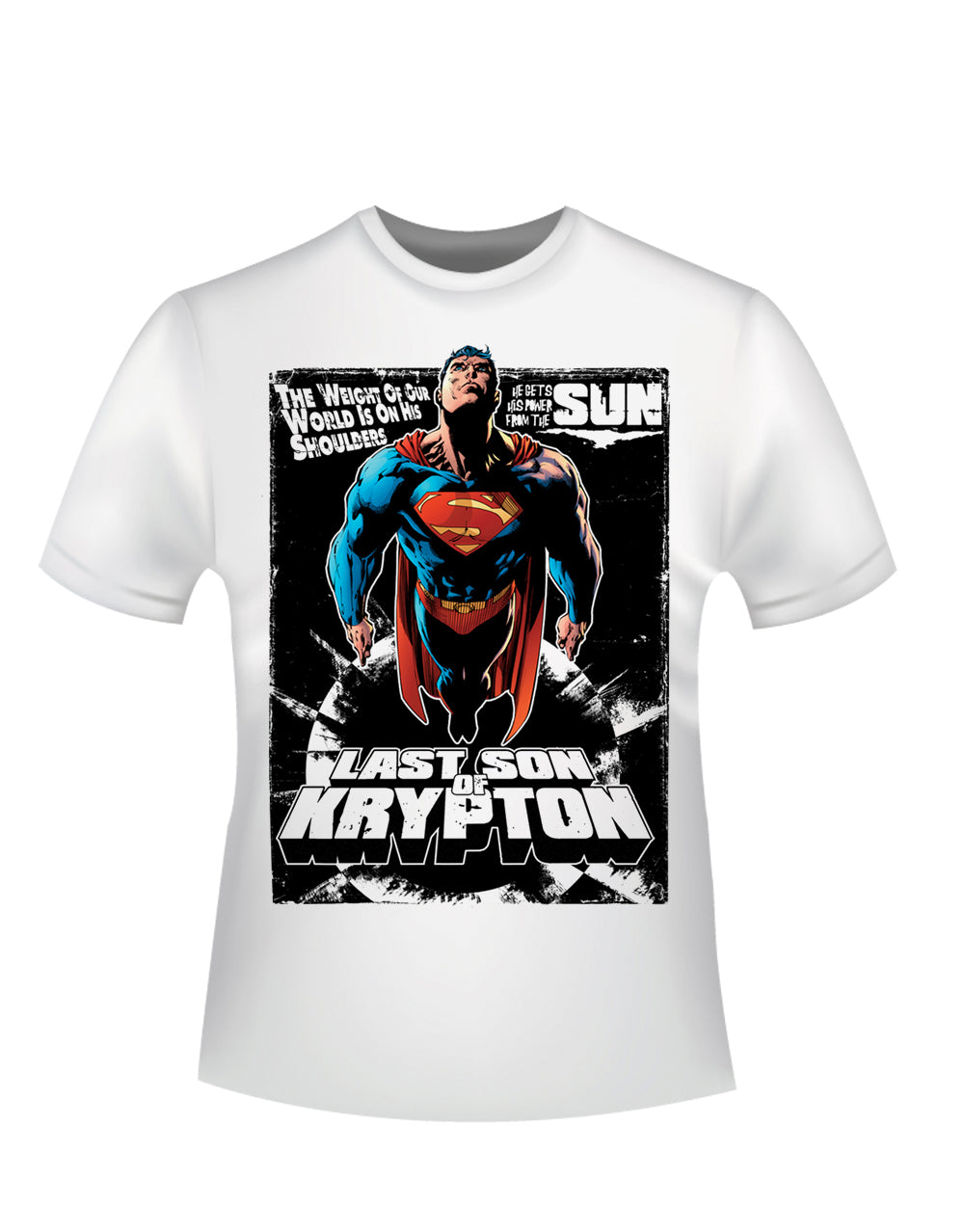 Superman comic poster graphic on a white adult t-shirt.