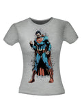 Superman distorted graphic on a heathered grey women's t-shirt.