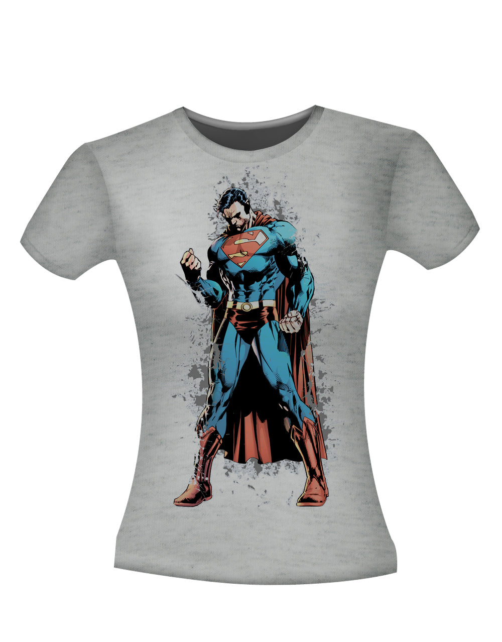 Superman distorted graphic on a heathered grey women's t-shirt.