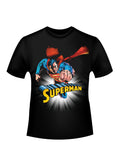 Superman solar burn graphic on a black adult t-shirt.