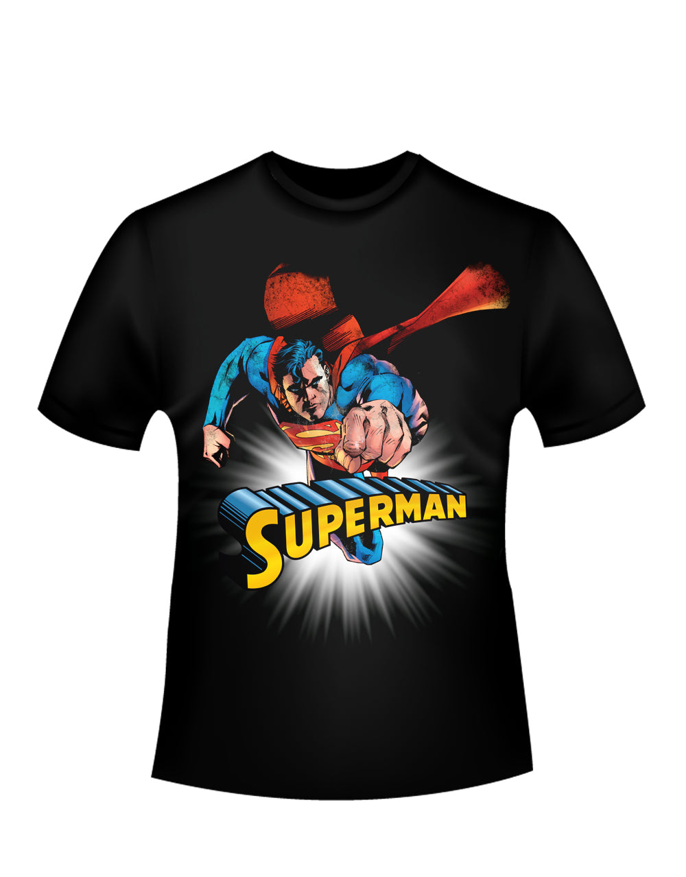 Superman solar burn graphic on a black adult t-shirt.