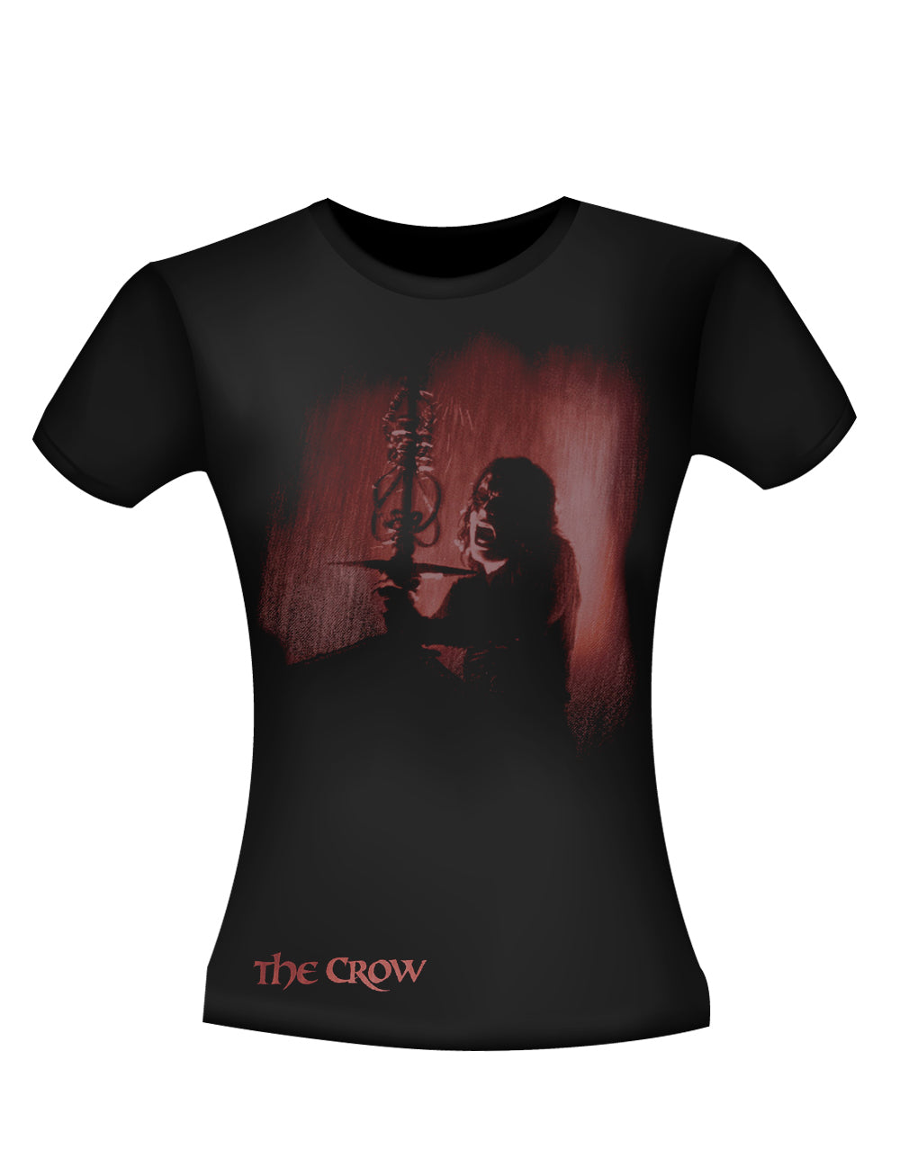 The Crow rain crow graphic on a black women's t-shirt.
