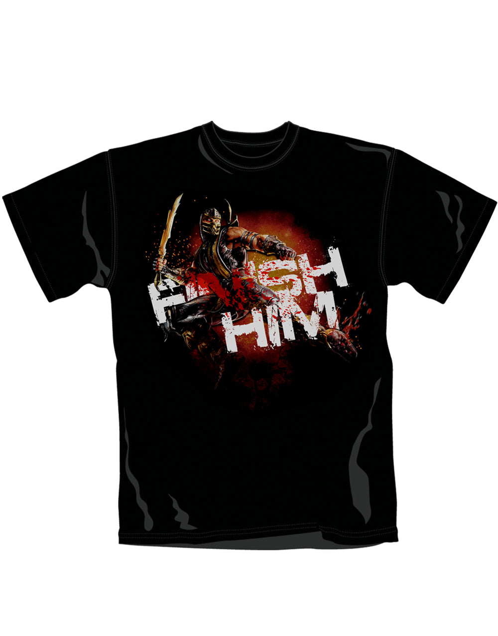 Mortal Kombat Scorpion finish graphic on a black adult t-shirt.