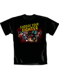 Mortal Kombat choose your fighter graphic on a black adult t-shirt.