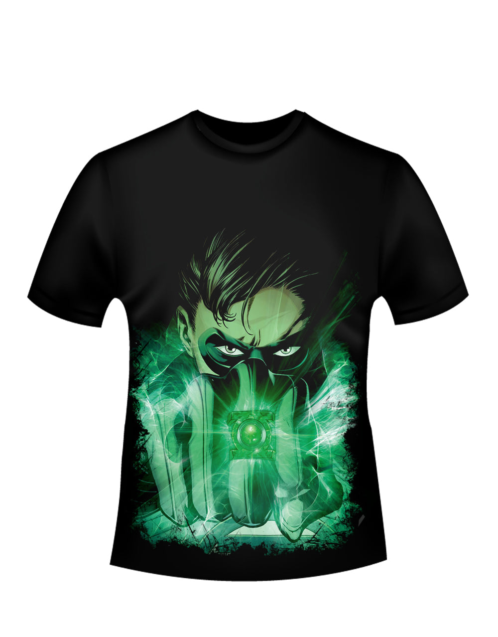 Green Lantern close up graphic on a black adult t-shirt.