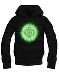 Green Lantern glow burst graphic on a black adult hoodie.