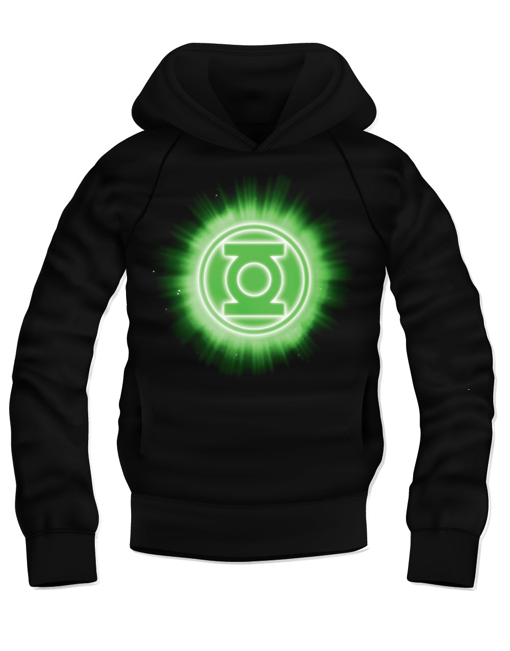 Green Lantern glow burst graphic on a black adult hoodie.