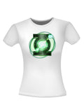 Green Lantern logo glow graphic on a white women's t-shirt.