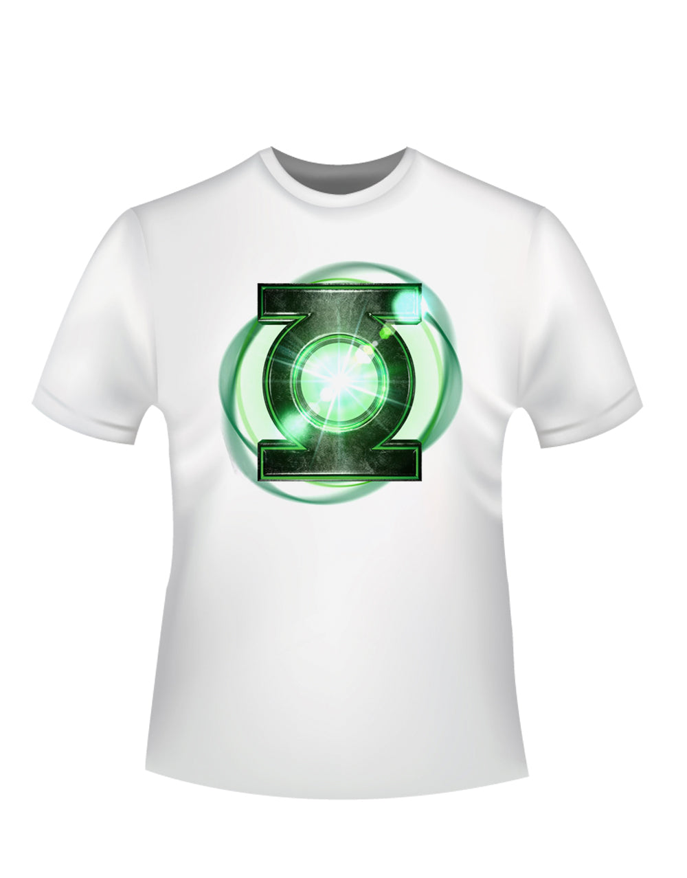 Green Lantern logo glow graphic on a white adult t-shirt.