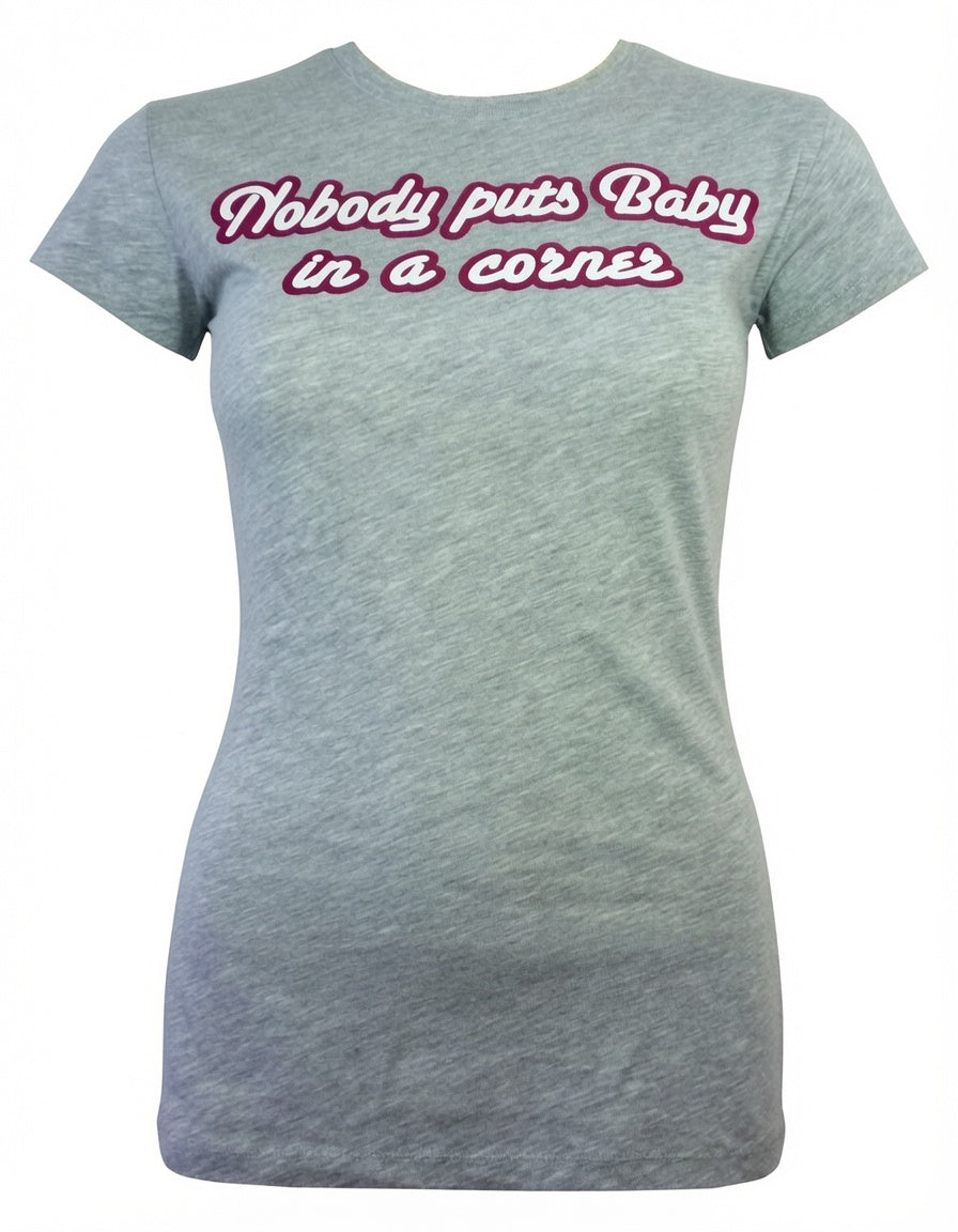 Dirty Dancing baby in a corner graphic on a grey women's t-shirt.
