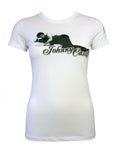 Dirty Dancing Johnny Castle faded graphic on a white women's t-shirt.