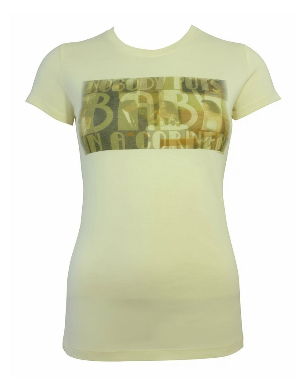 Dirty Dancing baby in a corner photo graphic on a cream women's t-shirt.