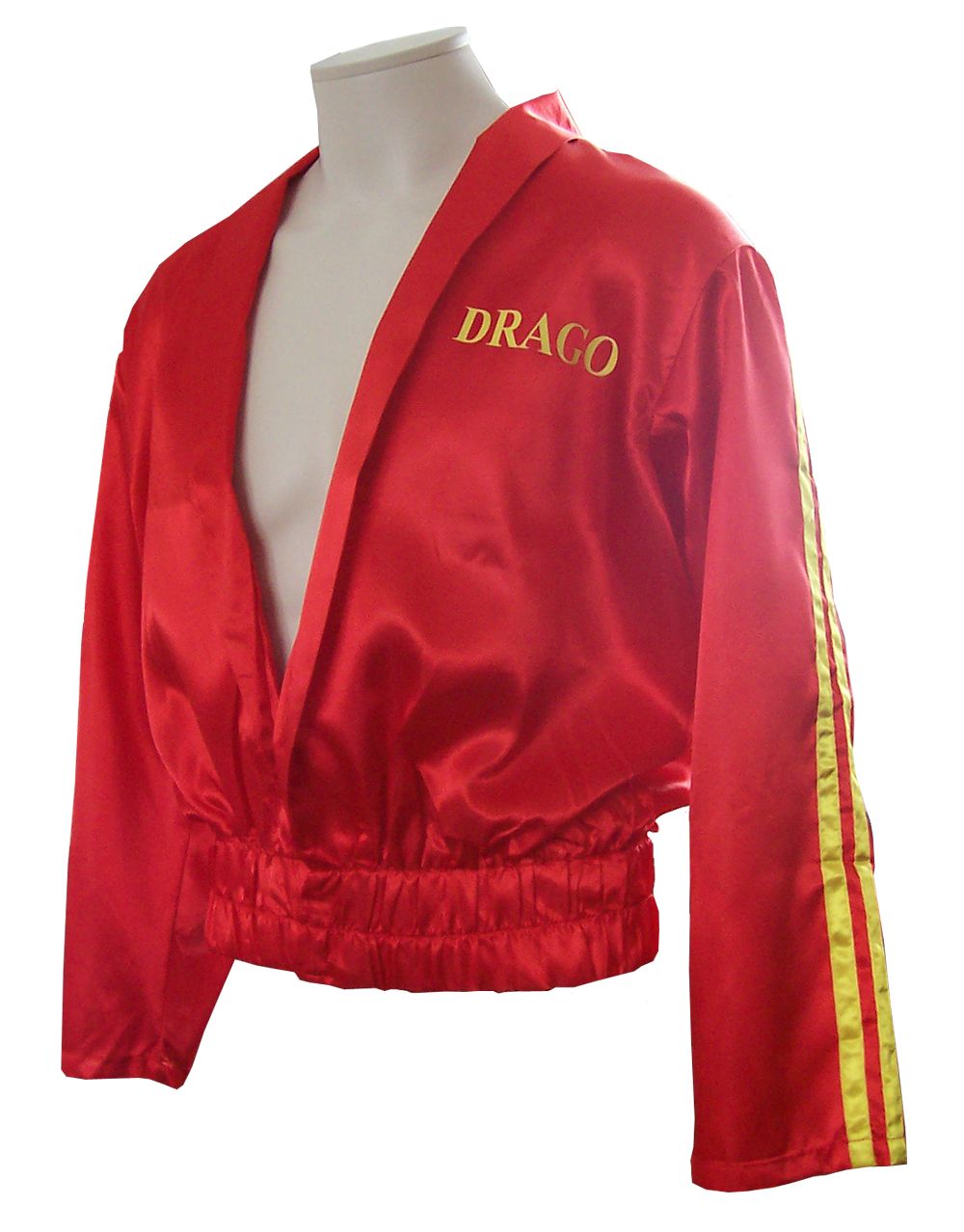 Ivan Drago robe jacket death from above graphic on a red and yellow adult robe jacket.