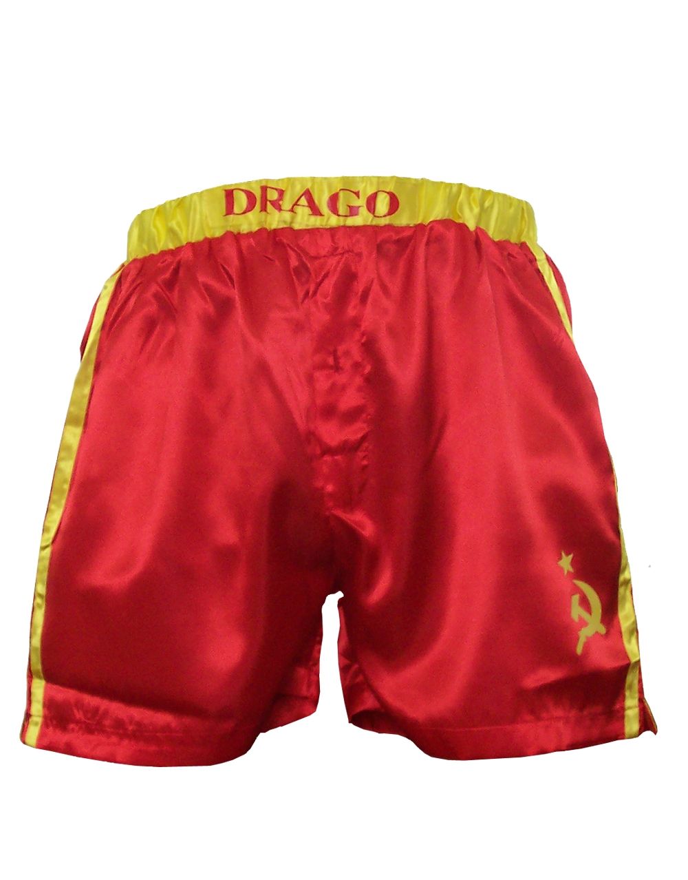 Ivan Drago boxer shorts the Siberian Express graphic on a red and yellow adult shorts.