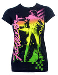 Footloose 80s movie graphic on a black women's t-shirt.