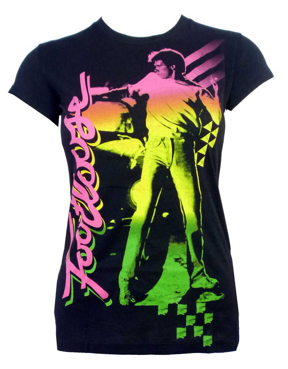 Footloose 80s movie graphic on a black women's t-shirt.