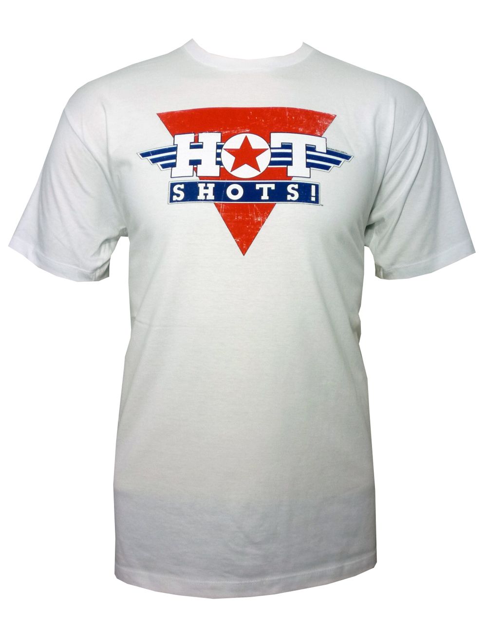 Hot Shots graphic on a white adult t-shirt.