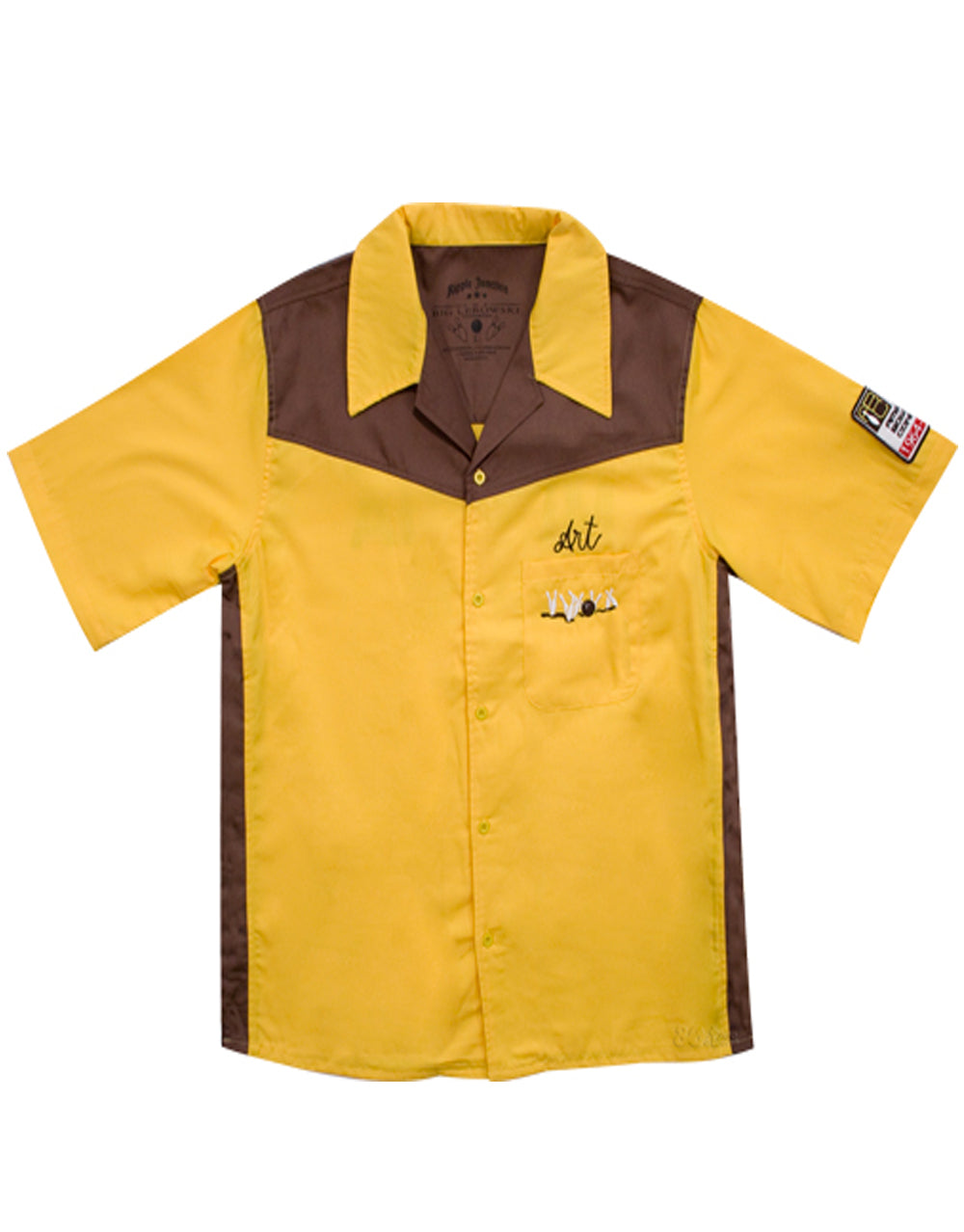 The Big Lebowski the Dude bowling shirt graphic on an adult shirt.