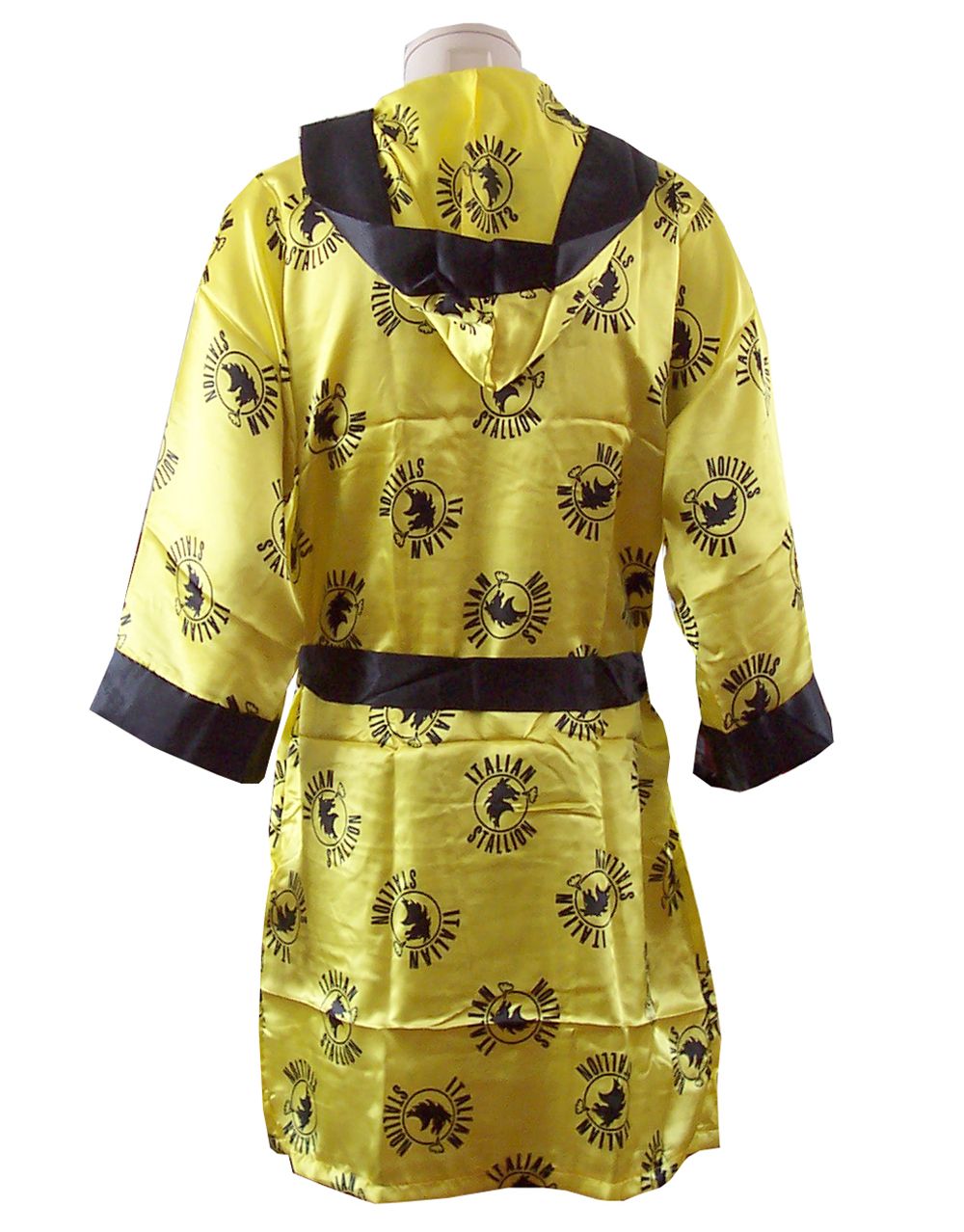 Rocky robe the Italian Stallion graphic on a black and yellow adult robe.