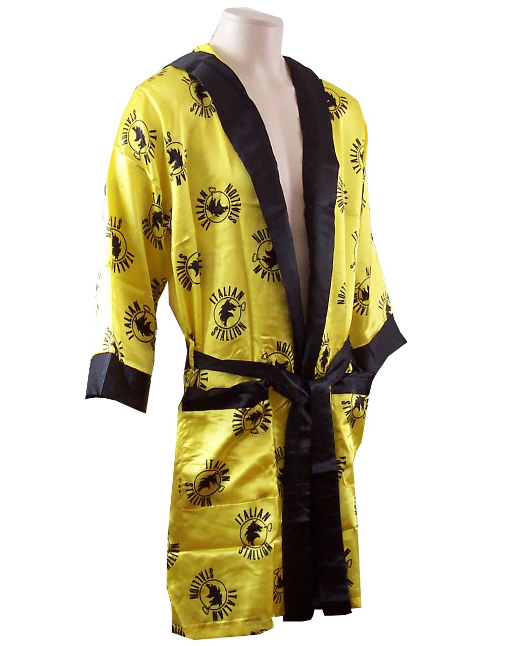 Rocky robe the Italian Stallion graphic on a black and yellow adult robe.