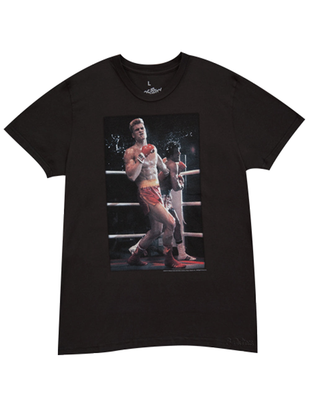Rocky V Drago graphic on a black adult t-shirt.