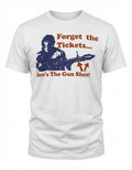 Rambo gun show graphic on a white adult t-shirt.