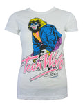 Teen Wolf car surfing graphic on a white women's t-shirt.