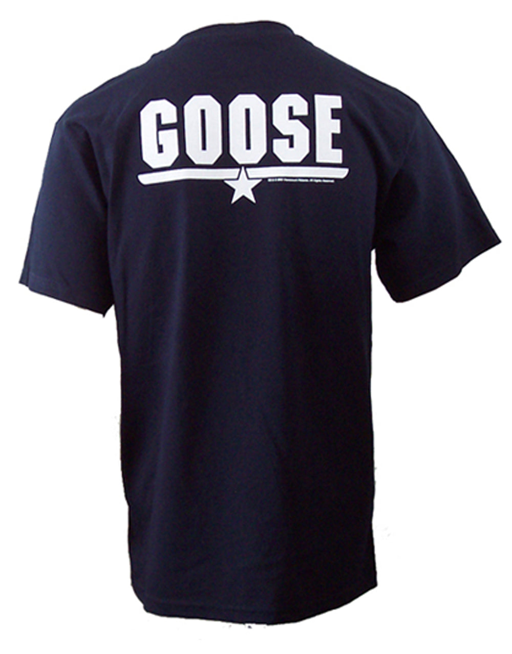 Top Gun Goose graphic on a navy blue adult t-shirt.