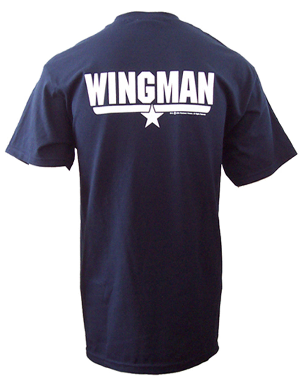 Top Gun Wingman graphic on a navy blue adult t-shirt.