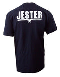 Top Gun Jester graphic on a navy blue adult t-shirt.
