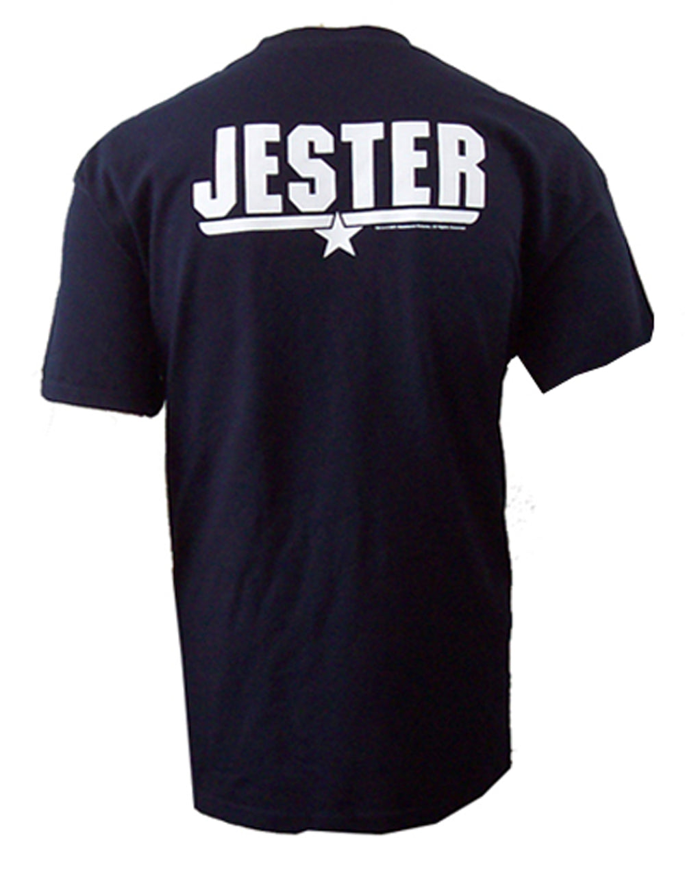 Top Gun Jester graphic on a navy blue adult t-shirt.