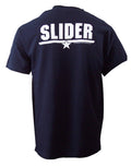 Top Gun Slider graphic on a navy blue adult t-shirt.