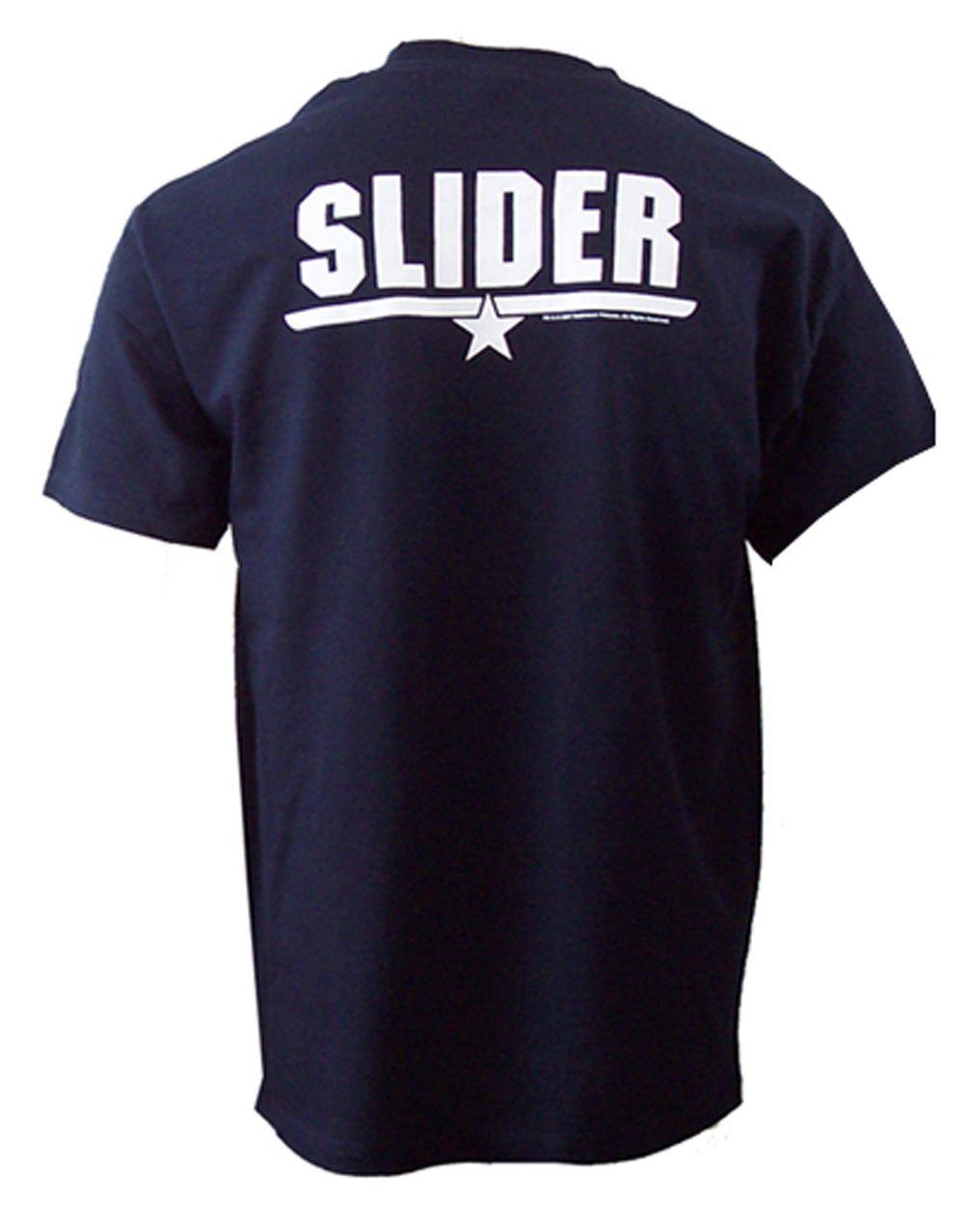 Top Gun Slider graphic on a navy blue adult t-shirt.