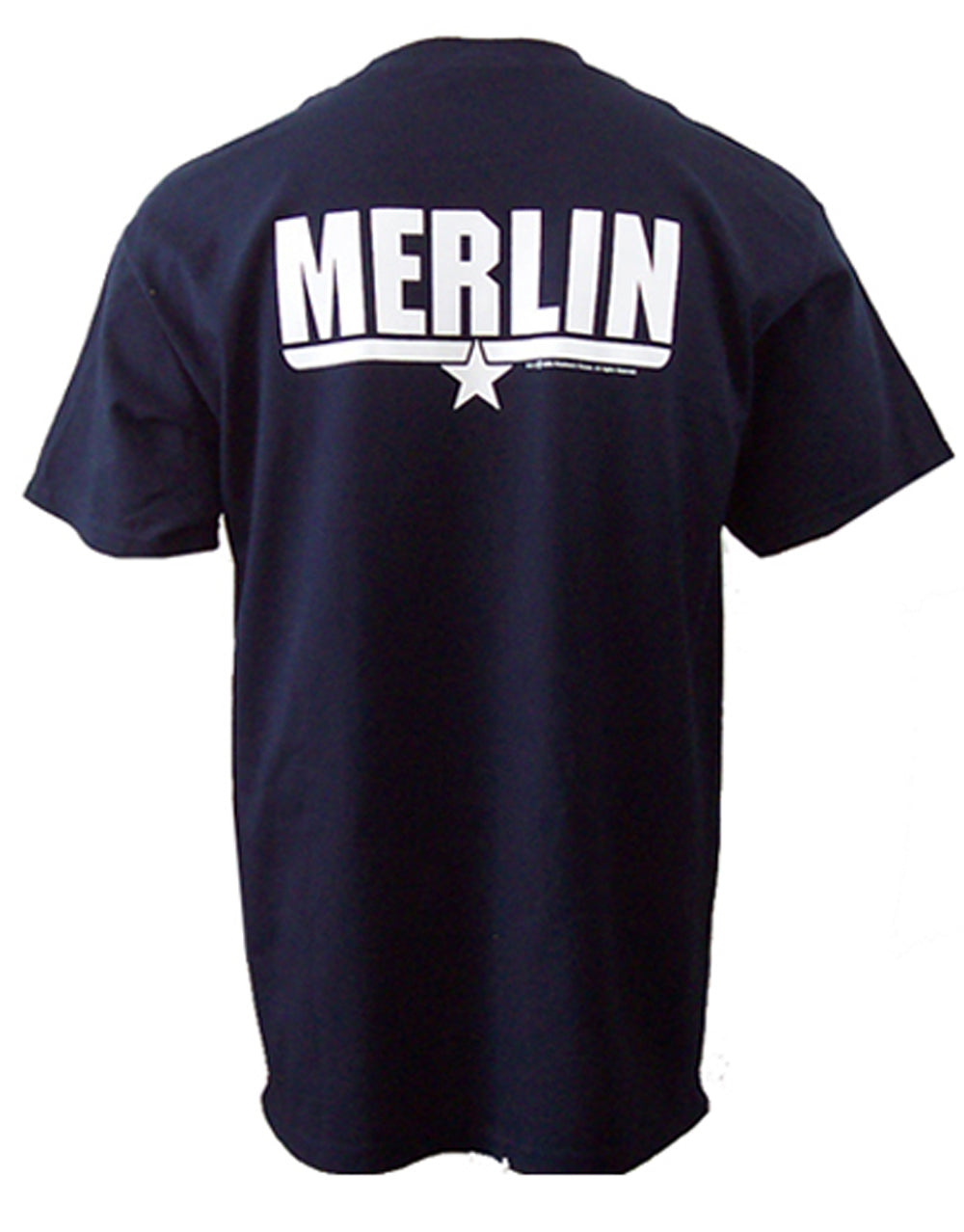 Top Gun Merlin graphic on a navy blue adult t-shirt.