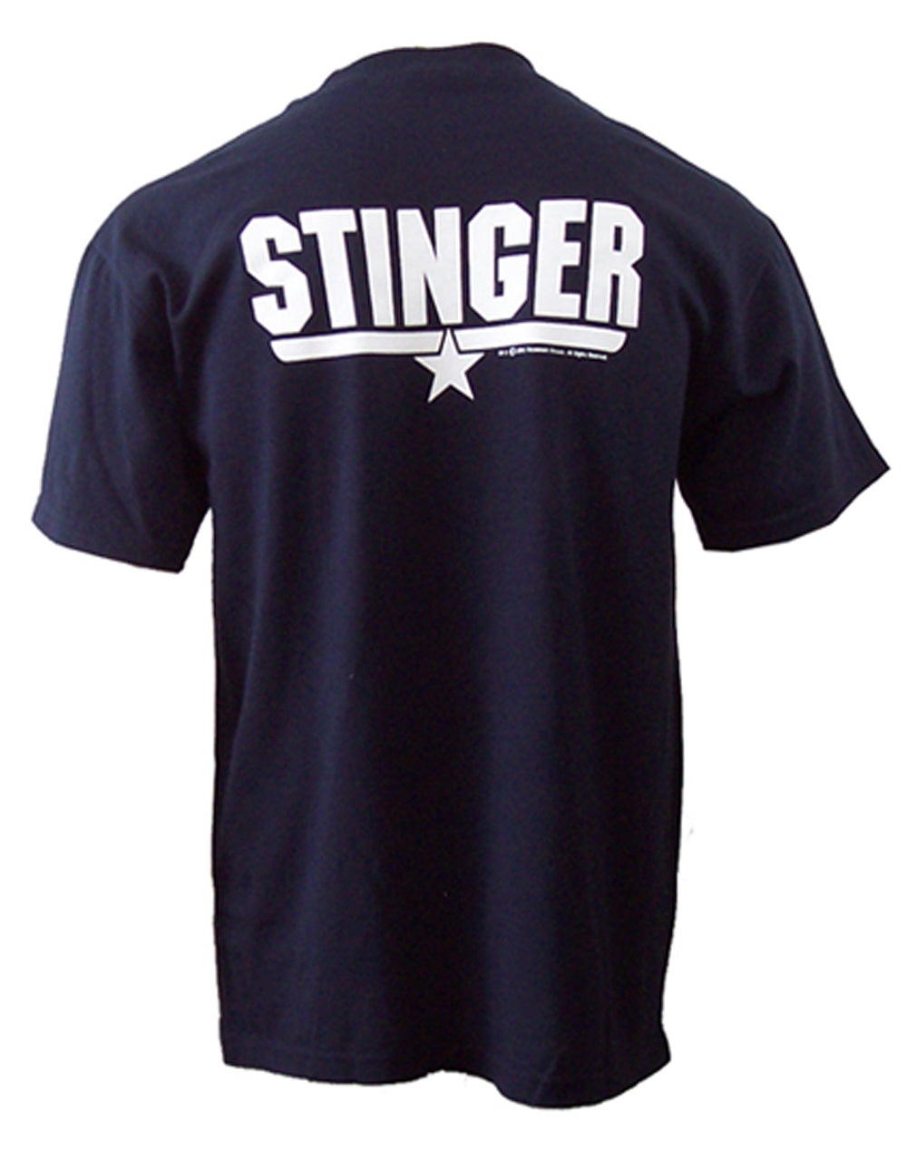 Top Gun Stinger graphic on a navy blue adult t-shirt.