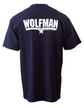Top Gun Wolfman graphic on a navy blue adult t-shirt.
