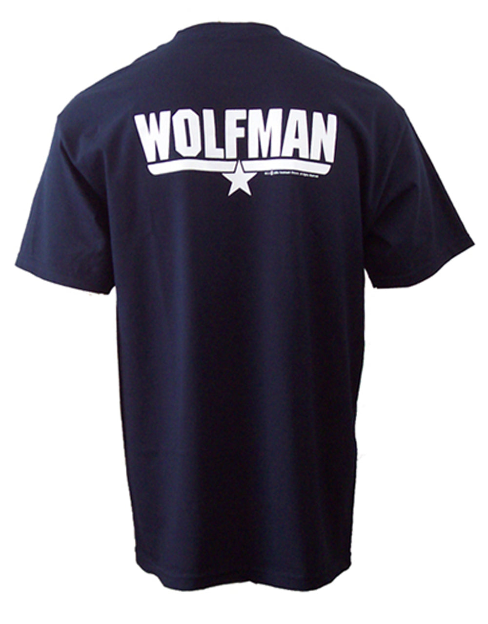 Top Gun Wolfman graphic on a navy blue adult t-shirt.