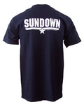 Top Gun Sundown graphic on a navy blue adult t-shirt.