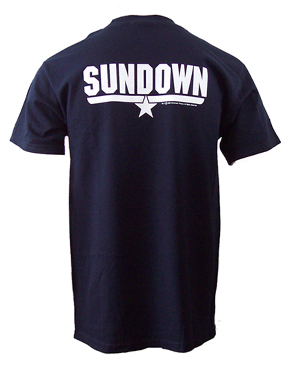 Top Gun Sundown graphic on a navy blue adult t-shirt.