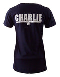 Top Gun Charlie graphic on a navy blue women's t-shirt.