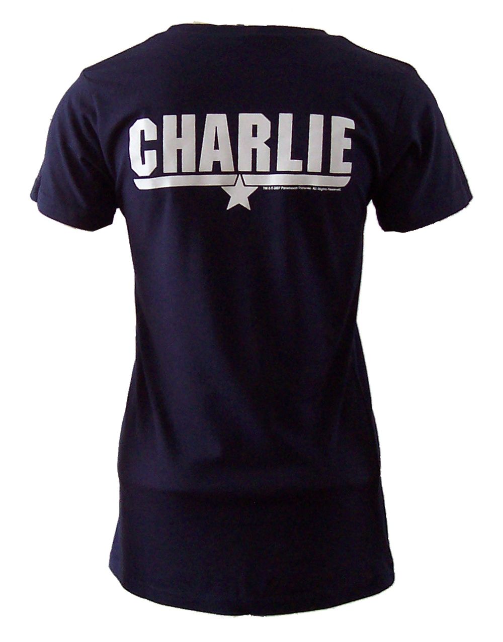 Top Gun Charlie graphic on a navy blue women's t-shirt.