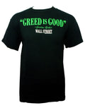 Wall Street greed is good graphic on a black adult t-shirt.