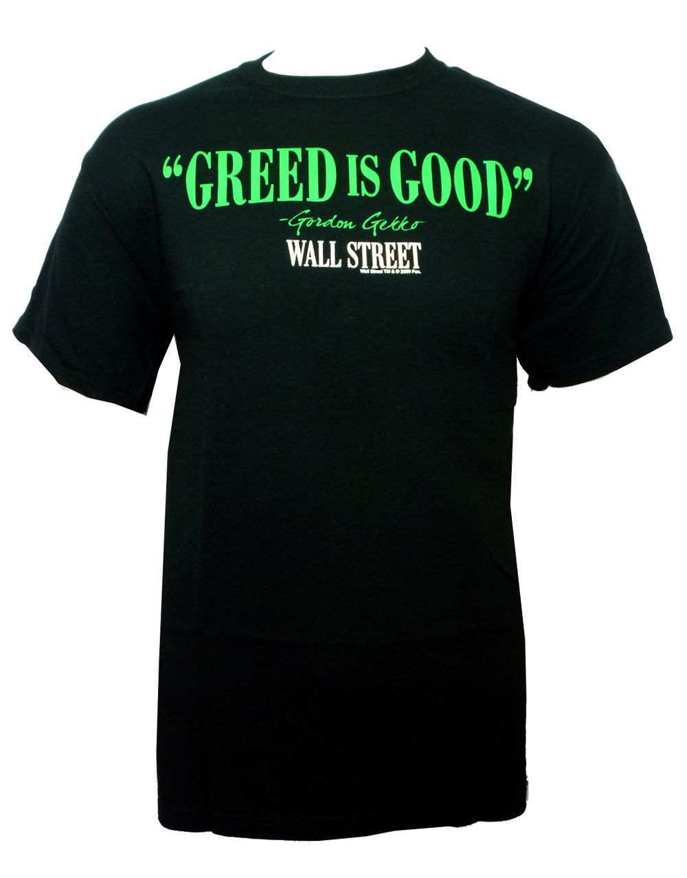 Wall Street greed is good graphic on a black adult t-shirt.