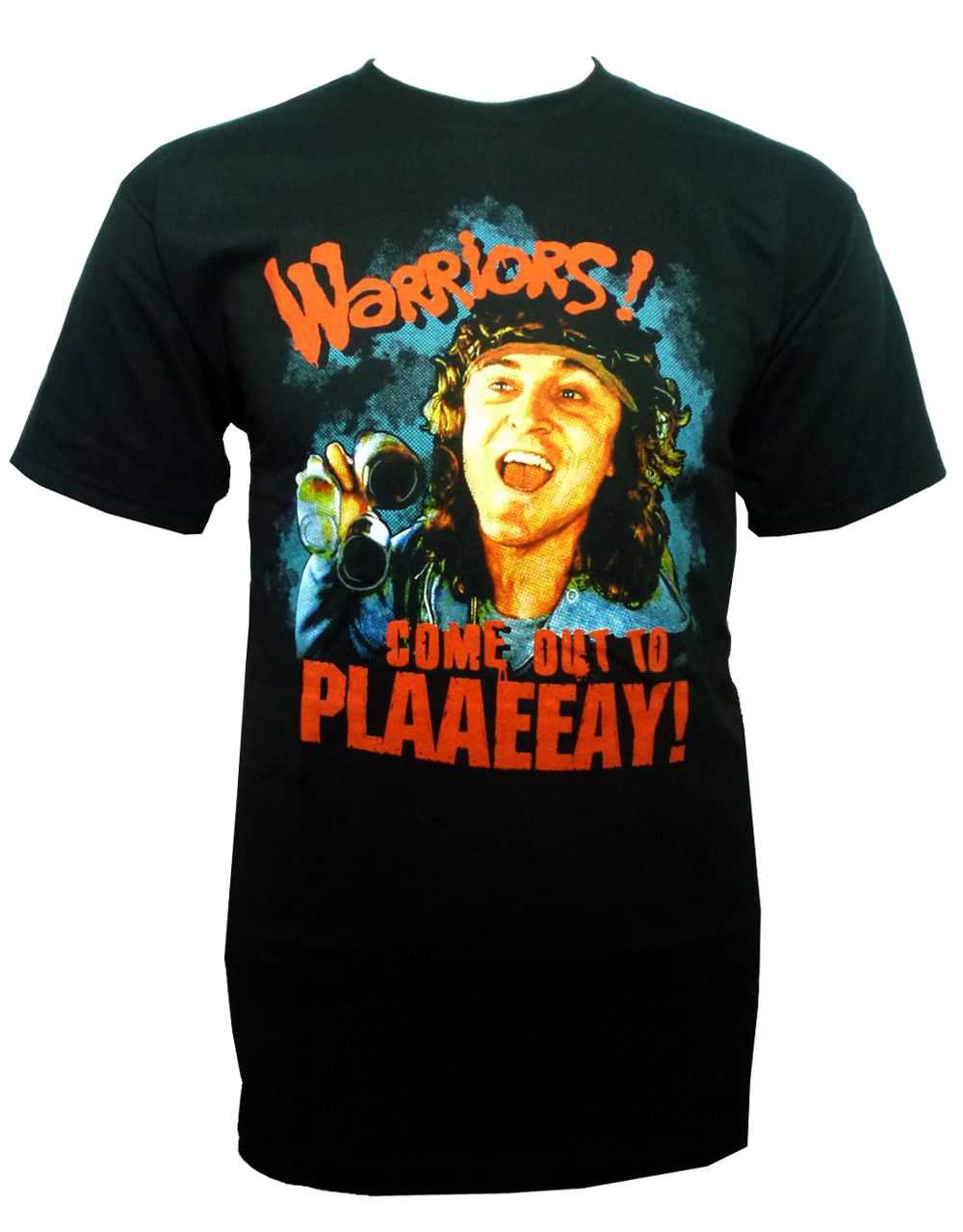 The Warriors Luther play graphic on a black adult t-shirt.