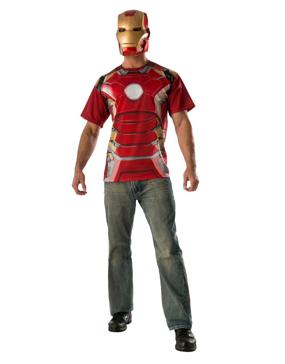 Avengers Age of Ultron Iron Man Mark 43 shirt and mask costume for adults.