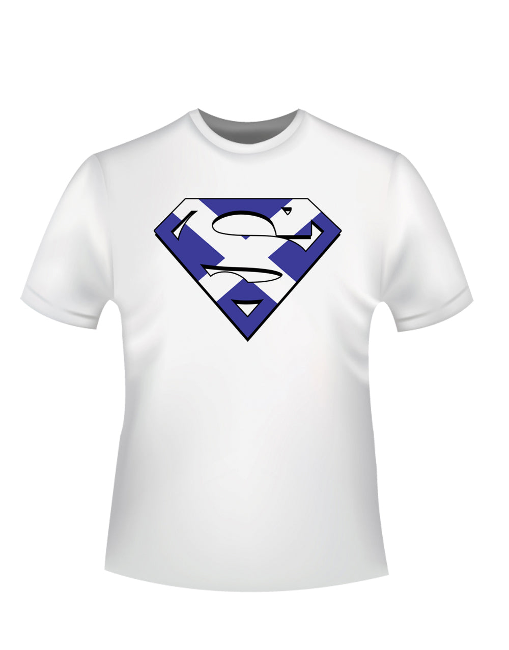 Superman Scottish flag graphic on a white adult t-shirt.