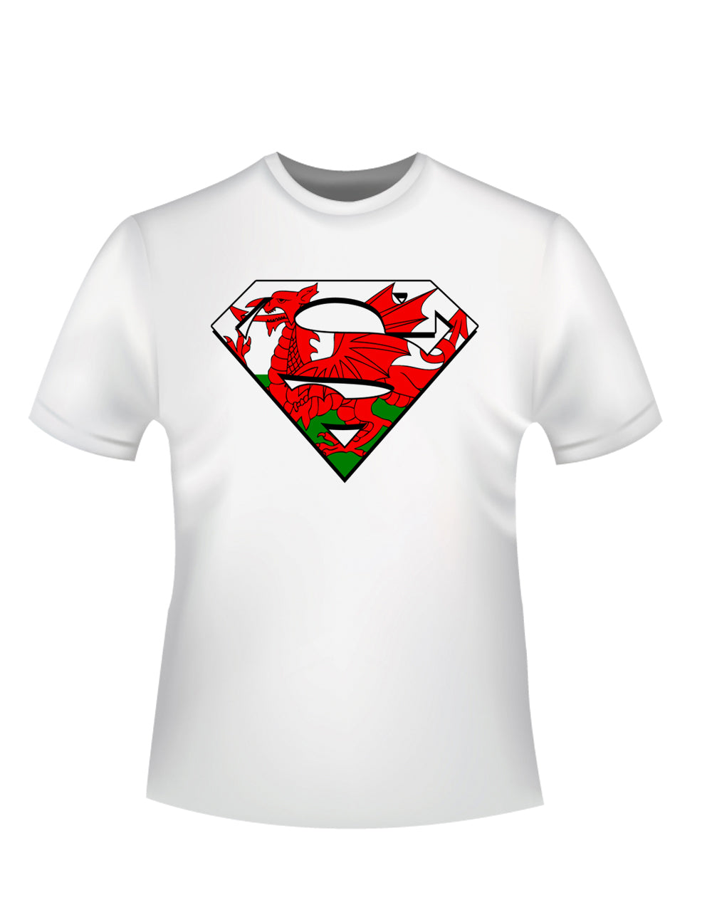 Superman Welsh flag graphic on a white adult t-shirt.